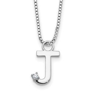 925 Sterling Silver RH-plated 18" Diamond Letter J Initial Necklace plus 2" Ext